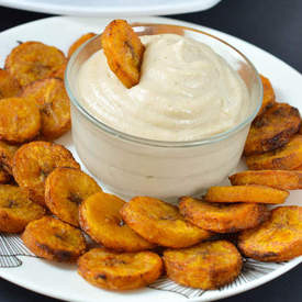 Baked plantain with a coconut cashew dip