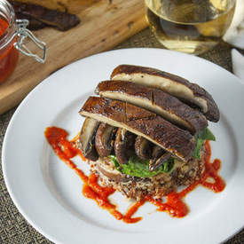Quinoa & Mushroom Stack with Red Pepper Coulis